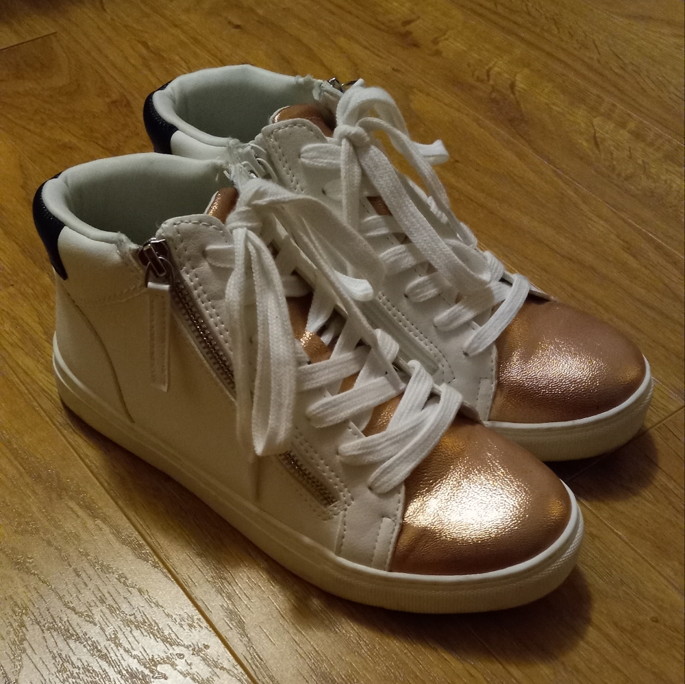 Gold and White Zipper Hi -Top Tennis Shoes Size 8 Worn Once